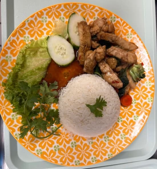 A freshly plated Thai basil stir-fry from Senlek Thai Rice & Noodles.