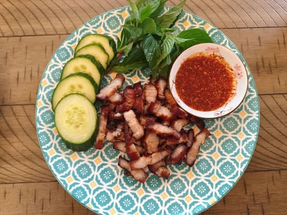 Khao Moo Grob served at Senlek Thai Rice & Noodles.